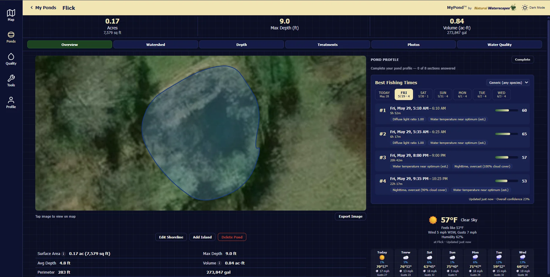 MyPond pond overview — a satellite map of a pond with its measured volume and current conditions
