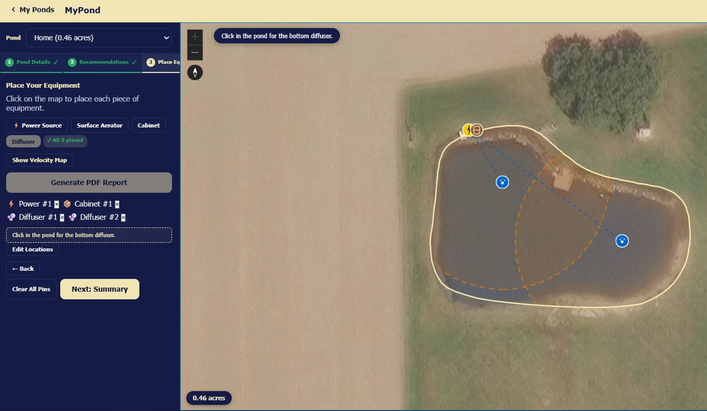MyPond aeration designer showing placed equipment and a circulation velocity map