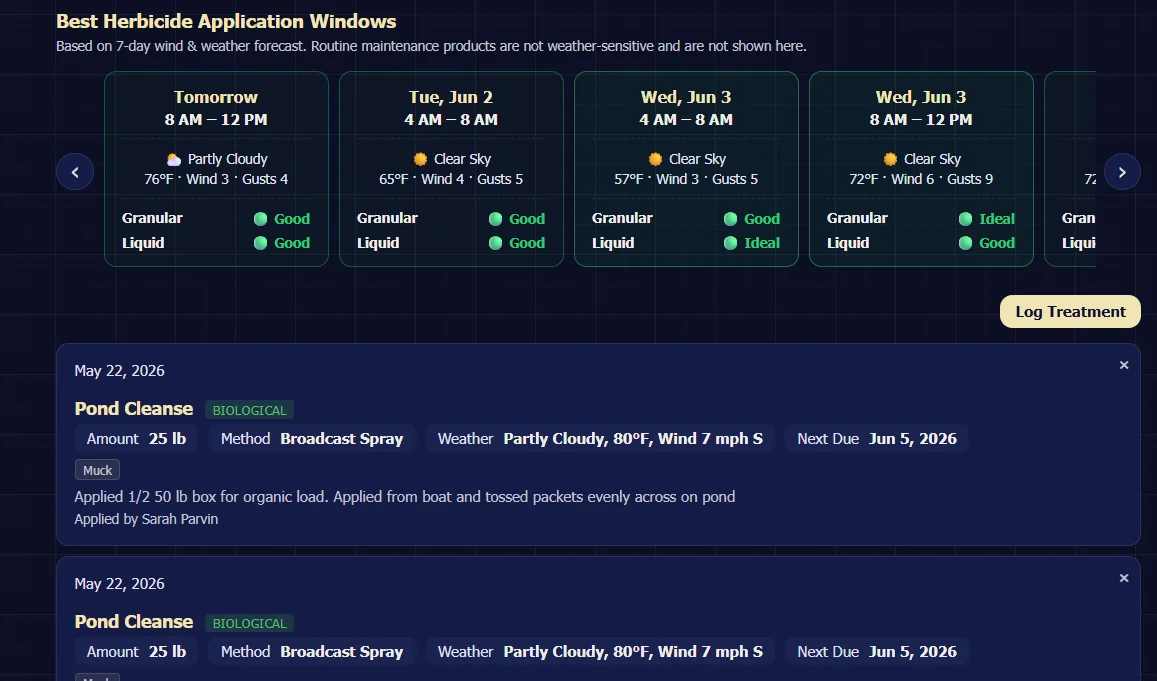 MyPond treatment dosing with wind-aware best-application windows from the forecast
